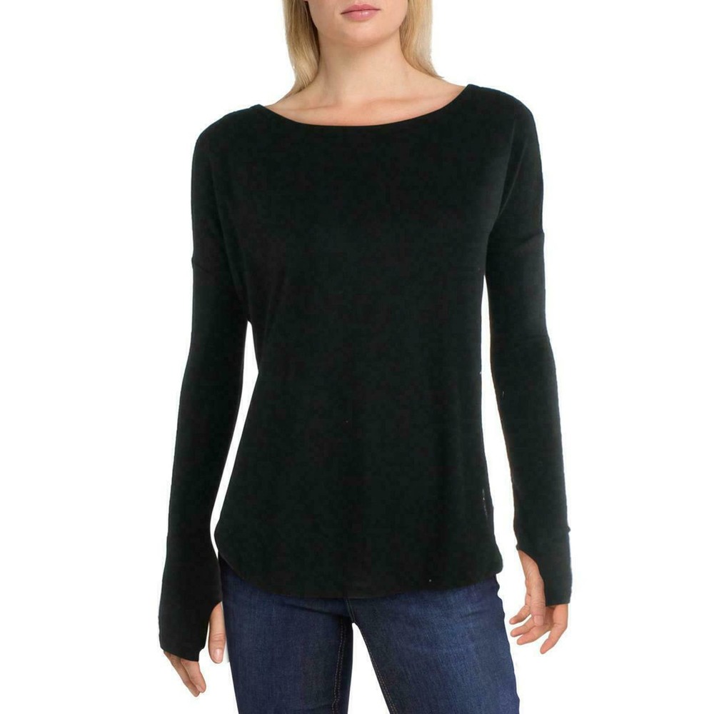 Sweet Romeo Black Solid Tee Tunic Top High Low Thumbhole Jersey Knit Womens XS